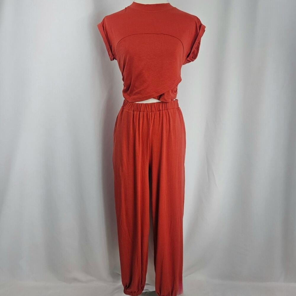 Cupshe Rust Orange Jersey Wide Leg Pants & Cropped Wrap Top Women's Size S NWT - Picture 2 of 16